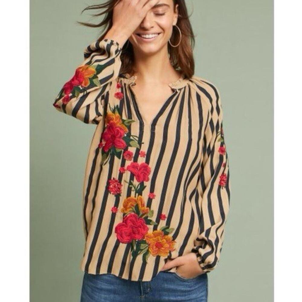 Beige Stripe Floral Embroidered V-Neck Blouse